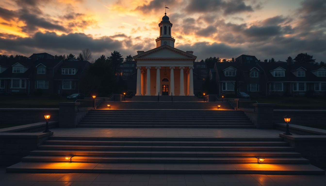 County courthouse steps at dusk with warm amber light and residential rooftops